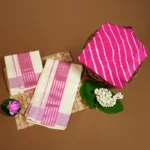 Panjami – Rose & Silver Border Settumund with Lehariya Printed Blouse Material