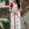 Thatha Green Parrot Printed on Red Kattikkara Settumund with Plain Red Blouse Material