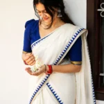 Blue Temple – Premium Pure Cotton Printed Sett Mundu with Blouse material