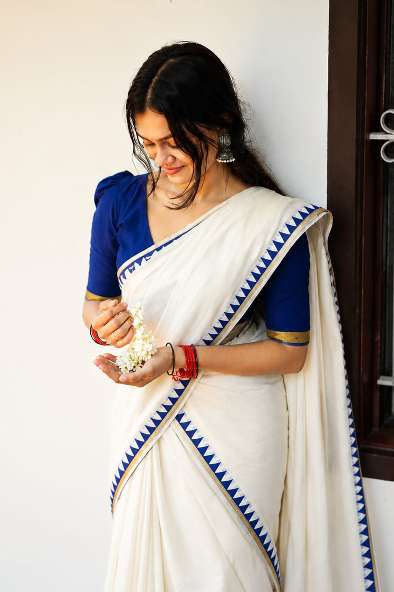 Blue Temple – Premium Pure Cotton Printed Sett Mundu with Blouse material