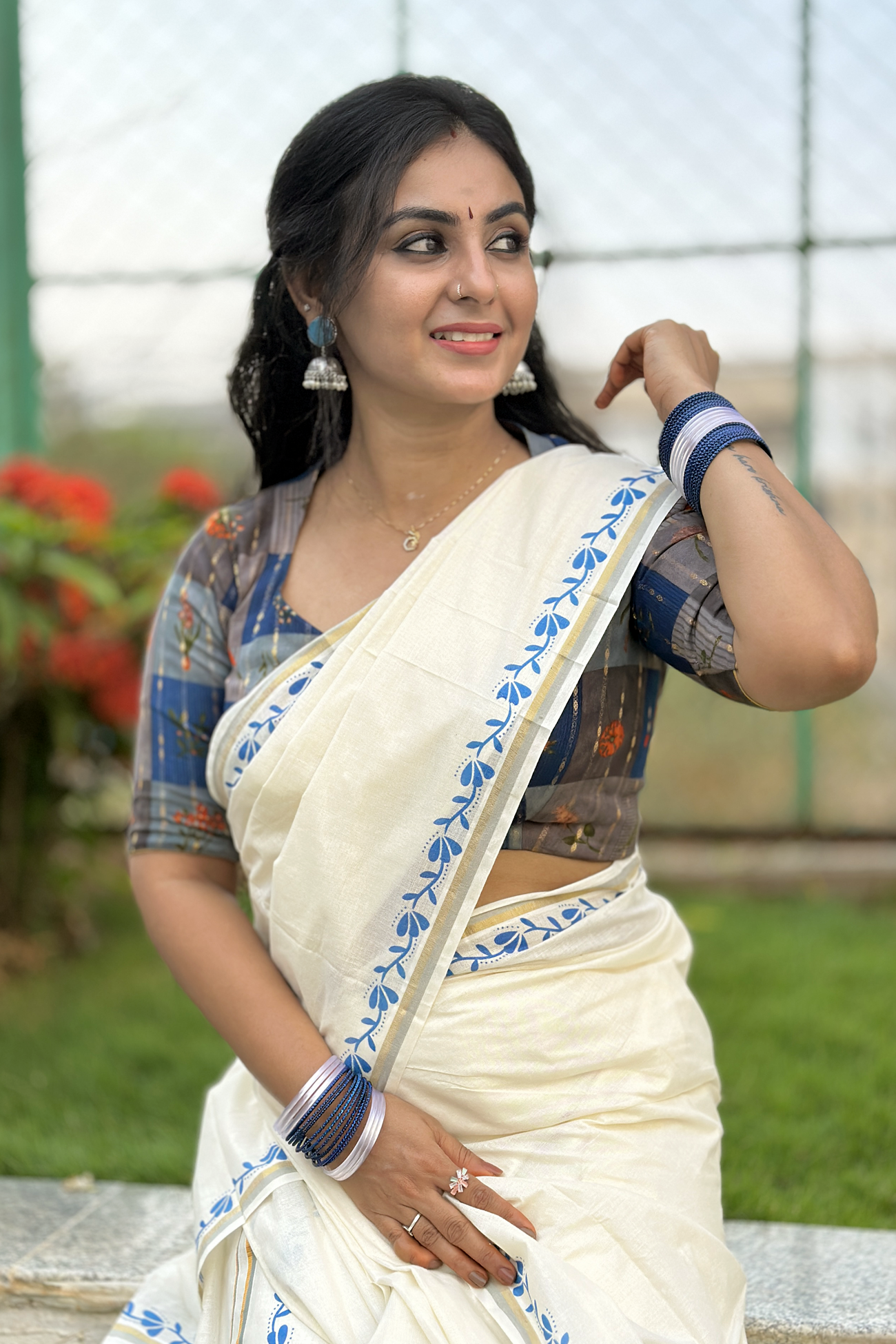 Soundharya - Printed Pure Cotton Sett Mundu with Matching Blouse