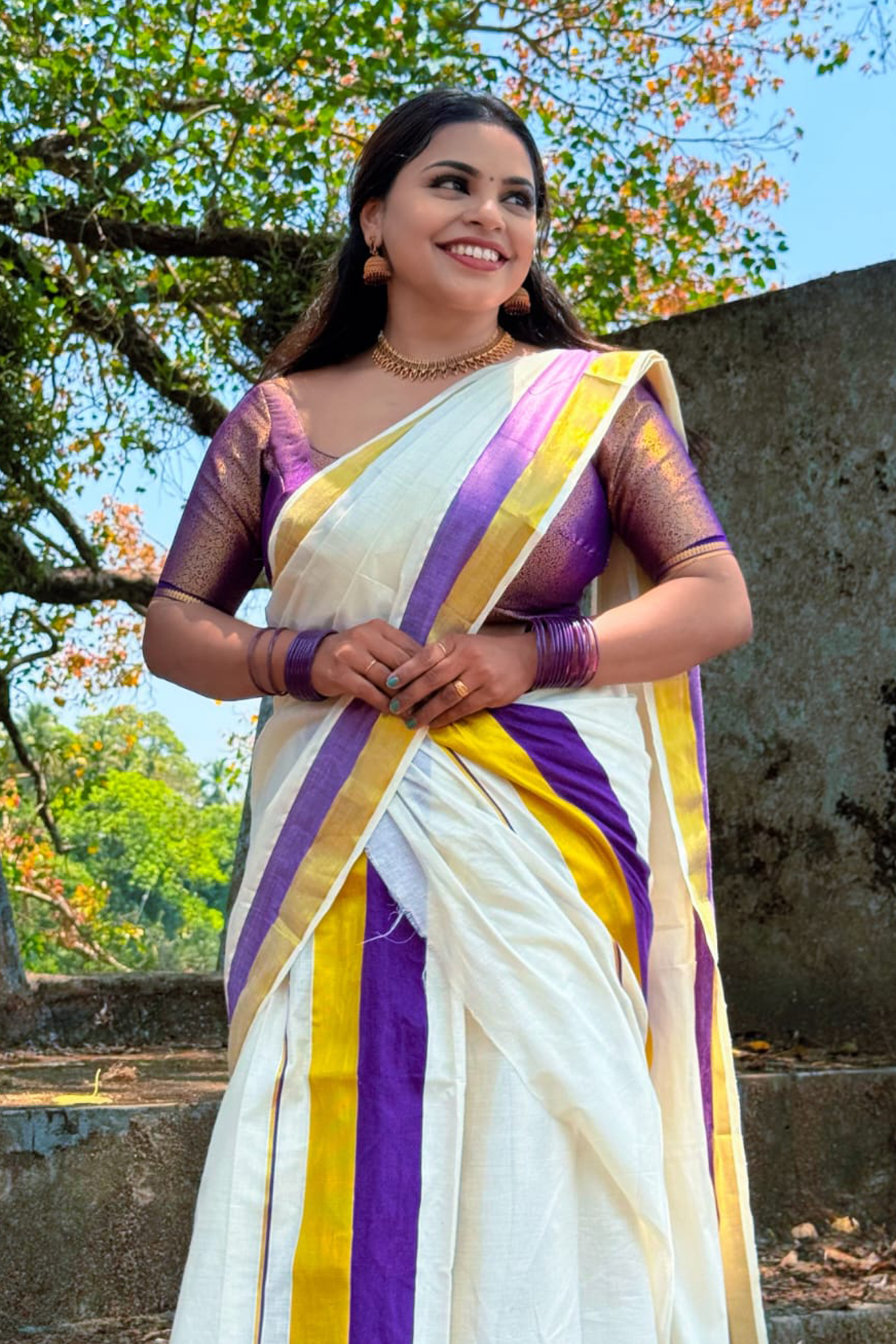 Aathira -Violet kasav-Traditional Sett Mundu with Matching Blouse Material