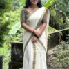 Thumba White Thumba Printed on Green Kattikkara Settumund with Matching Blouse Material