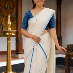 Amrutha- Dark Navy Puliyilakkara Settumund with Printed Blouse Material