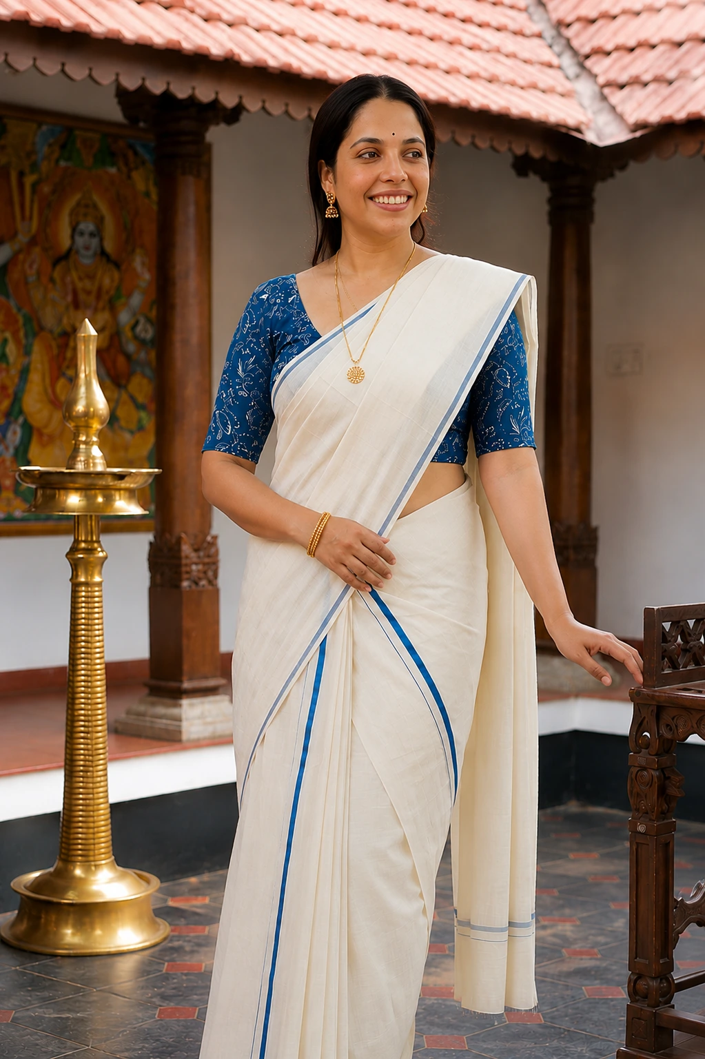 Amrutha- Dark Navy Puliyilakkara Settumund with Printed Blouse Material