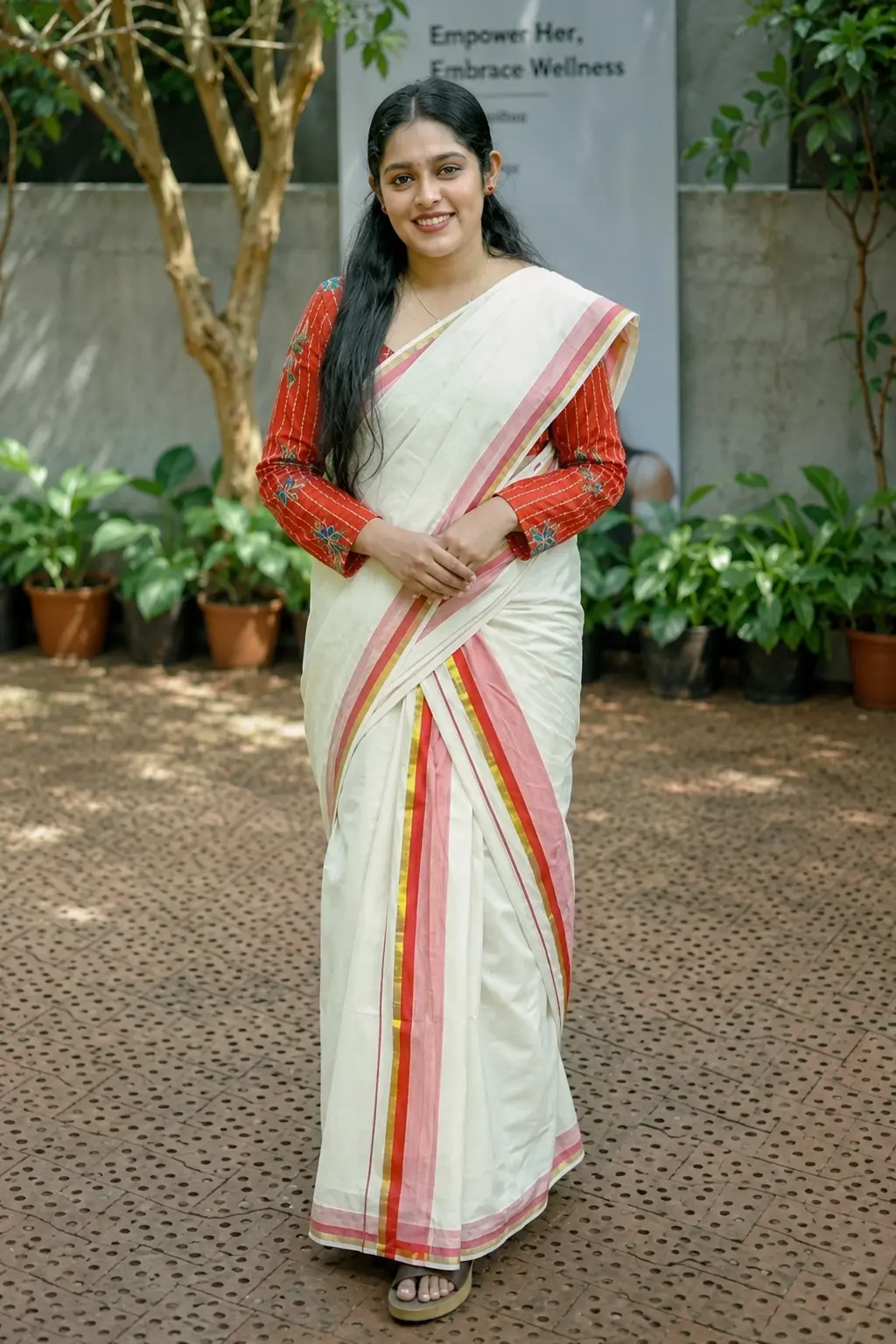 Chemboov – Red and Golden Kasav Settumund with Designer Blouse Material