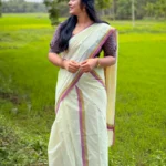 Anarkali - Green and Purple Mulloth Settumund with Kantha Cotton Blouse Material