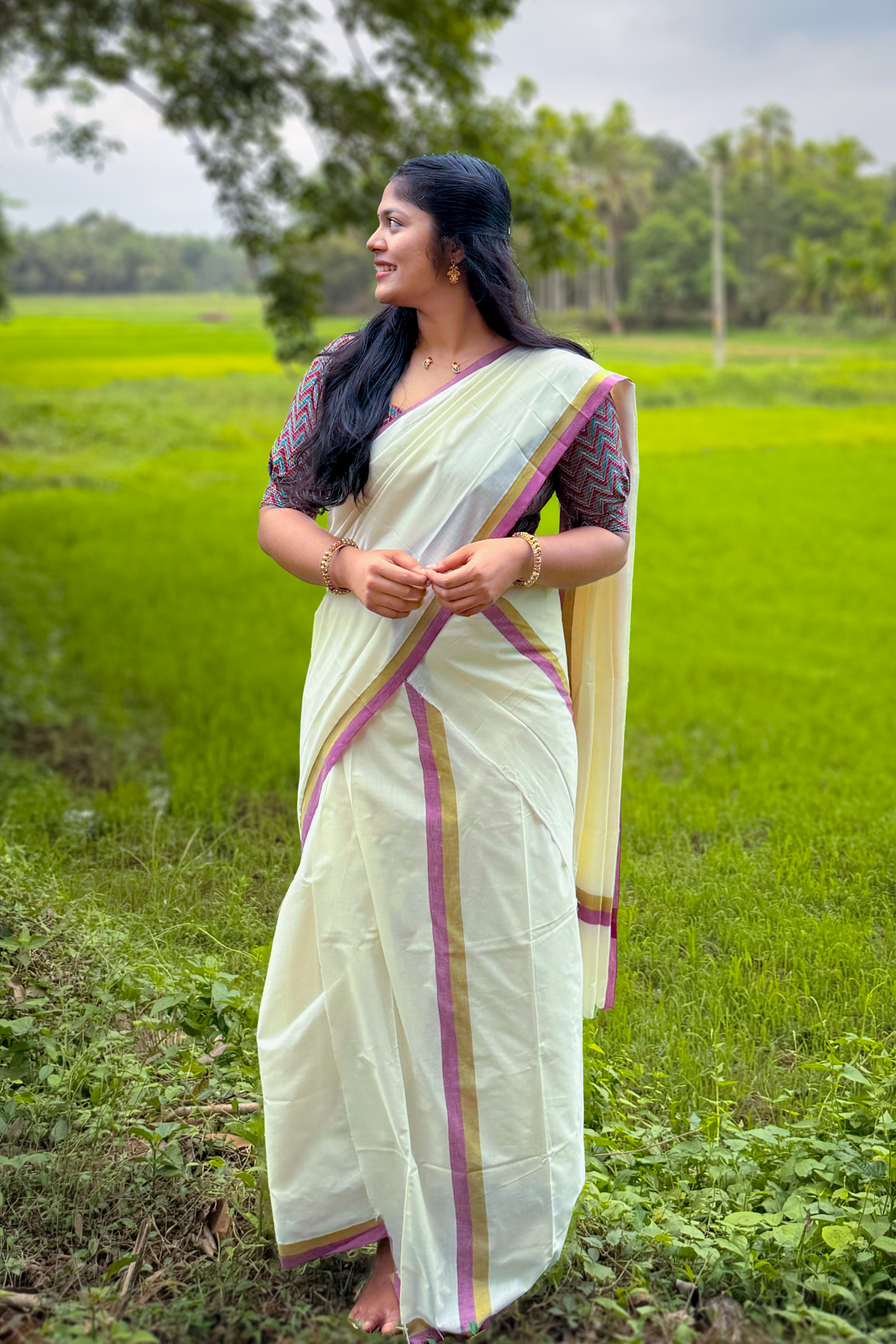 Anarkali - Green and Purple Mulloth Settumund with Kantha Cotton Blouse Material