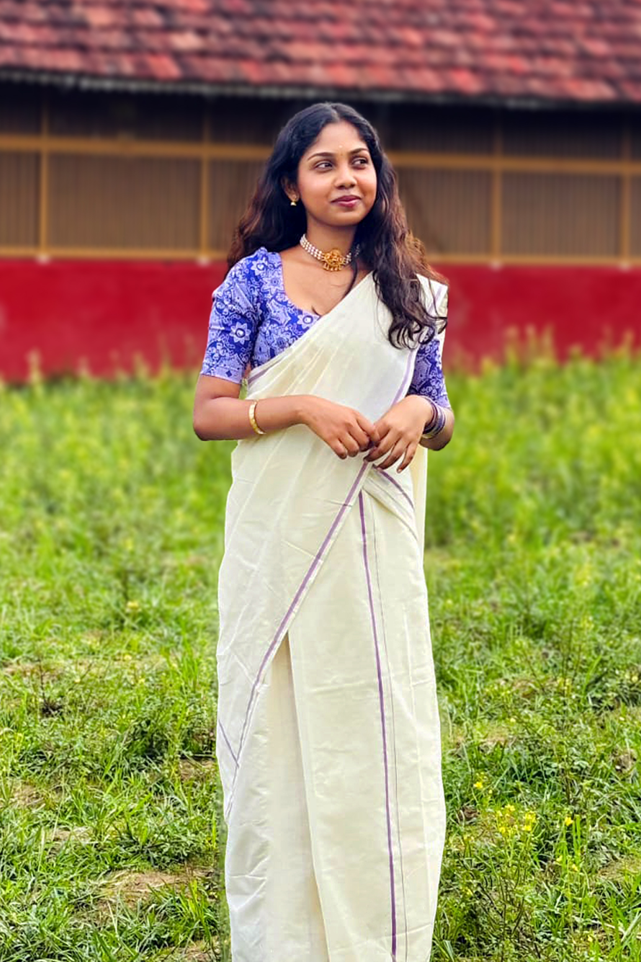 Nadira - Lavender Puliyilakkara Settumund with Ajrak Digital Printed Blouse Material