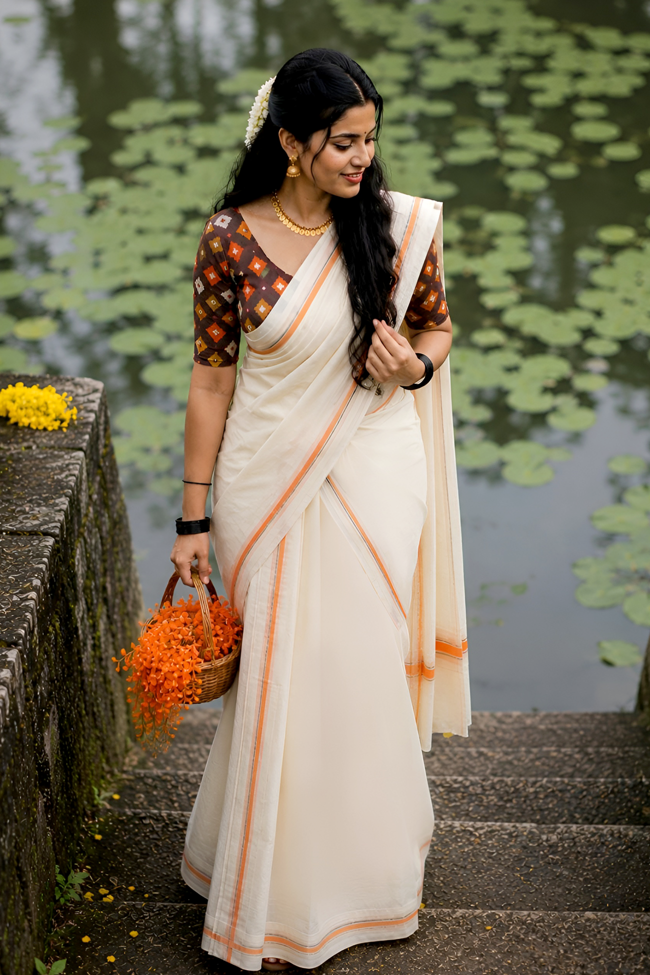 Pavithra -Orange puliyilakkara with blouse material