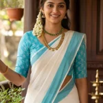 Aqua -  Pure Cotton Printed Sett Mundu with Matching Blouse