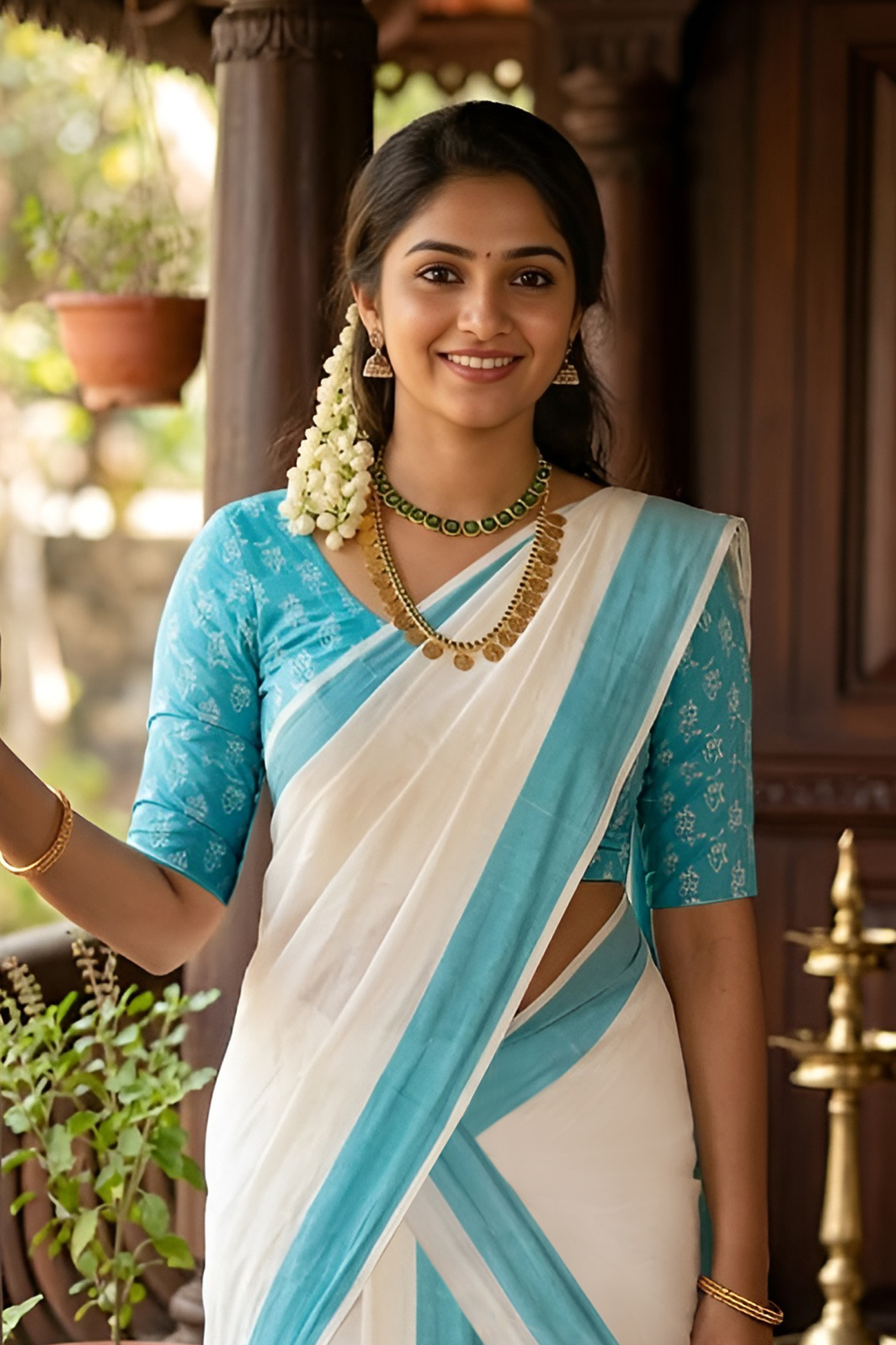 Aqua -  Pure Cotton Printed Sett Mundu with Matching Blouse