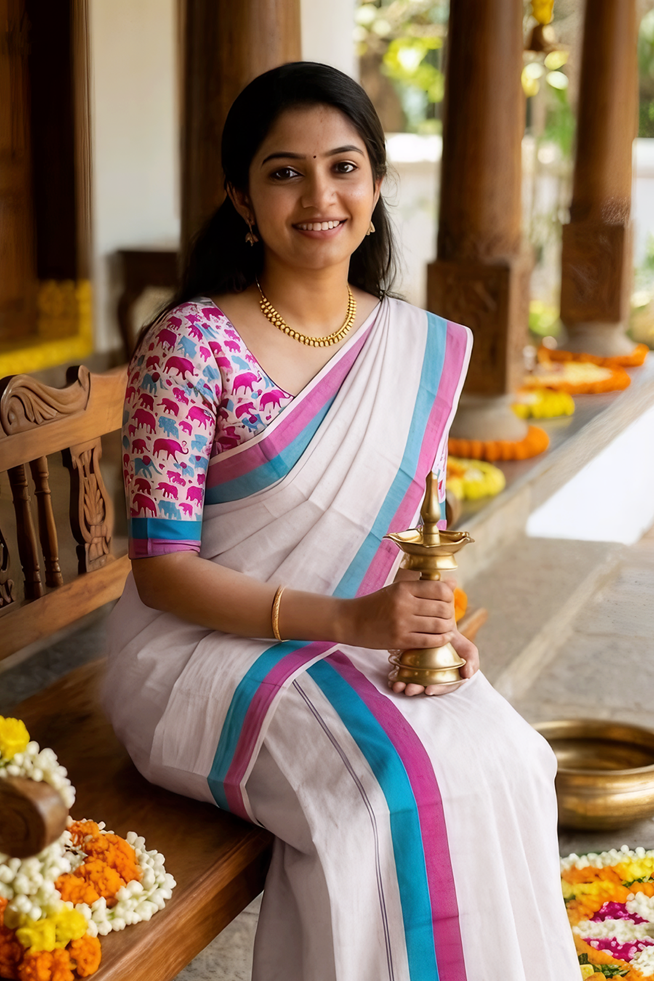Elephant Nandhini - premium sett mundu with printed blouse materia