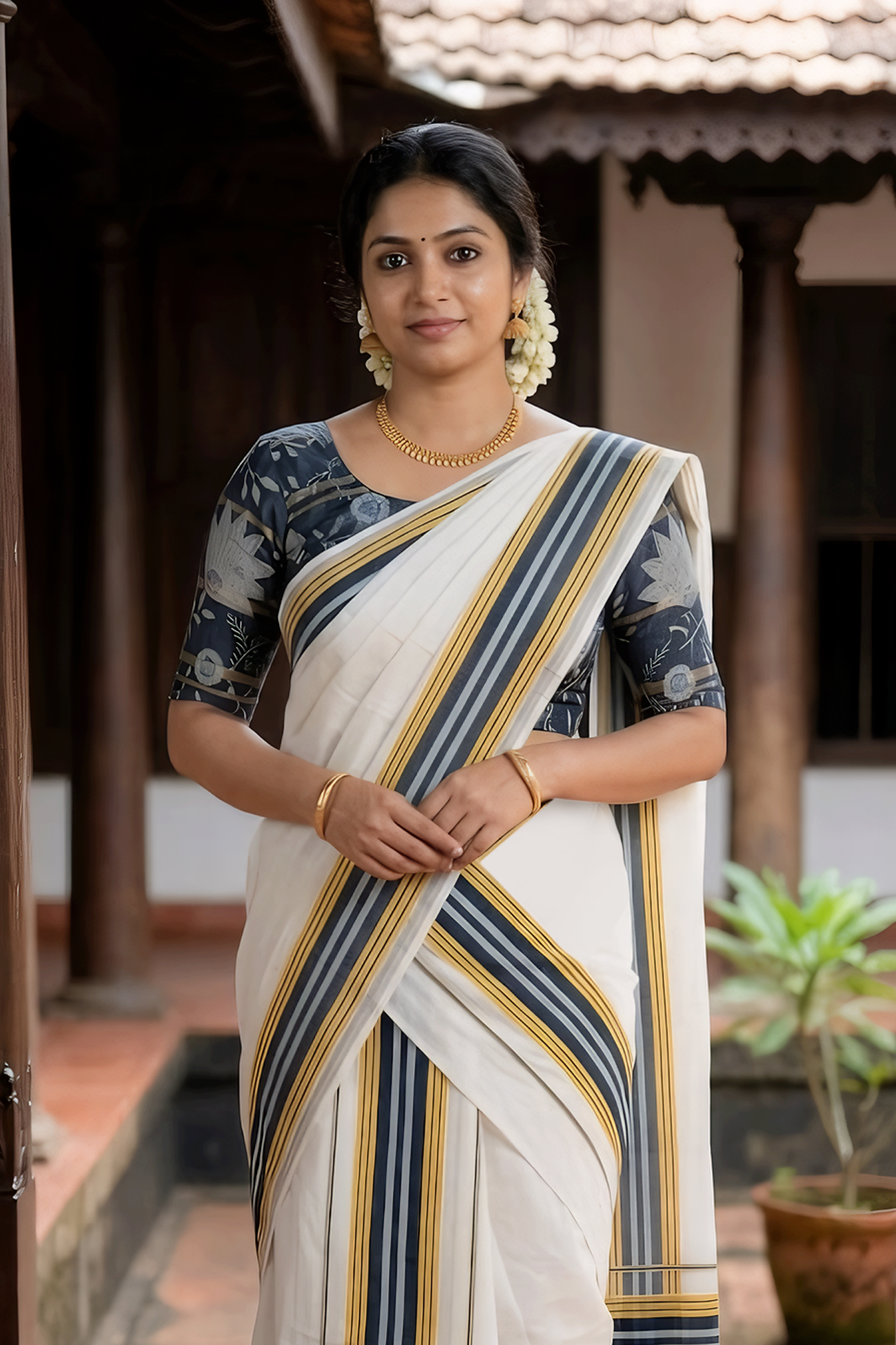 Mythry - Pure Cotton Kasavu Settu Mundu with Designer Blouse Material