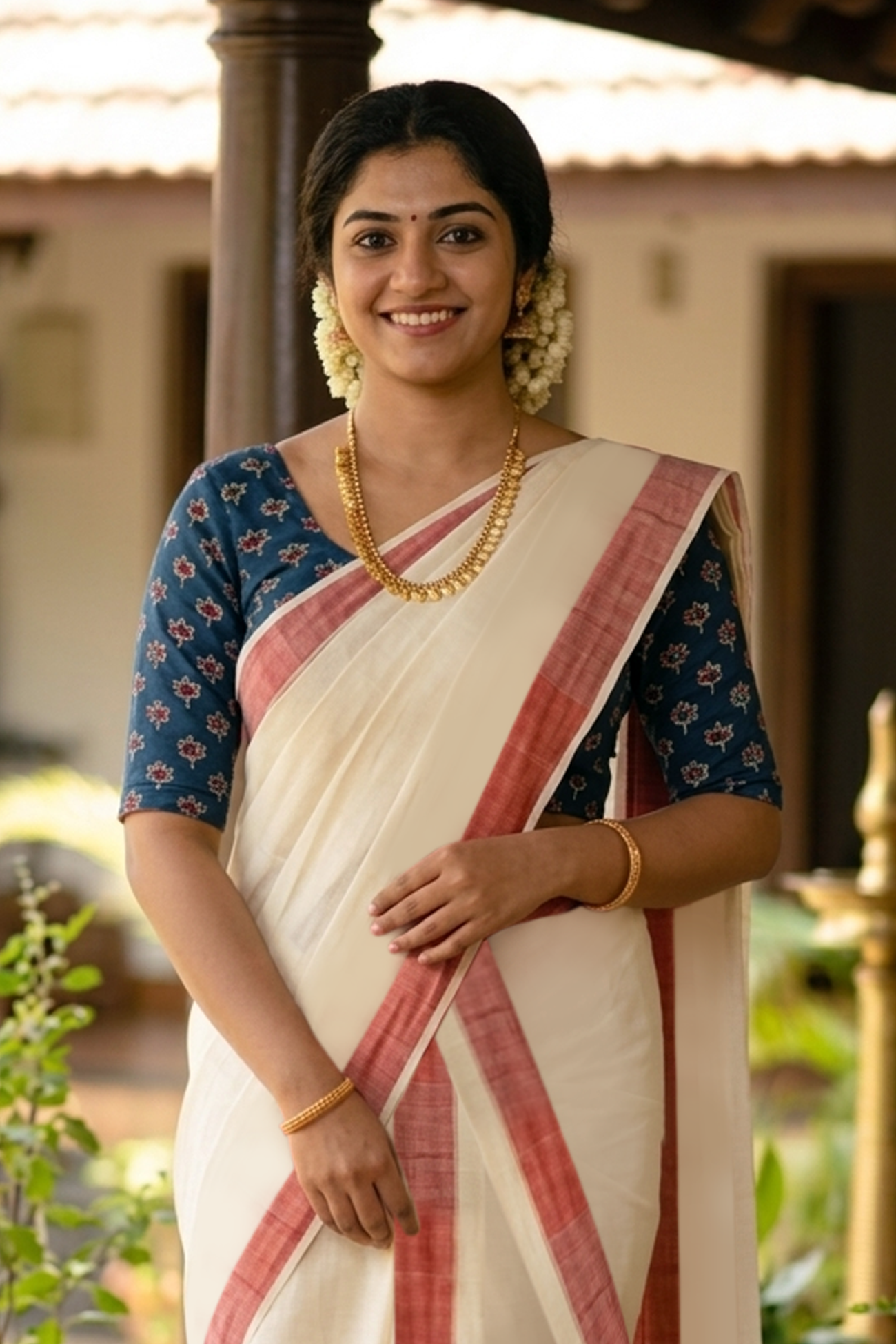 Theertha-Printed Sett Mundu with Blouse Material - Embrace Tradition and Comfort