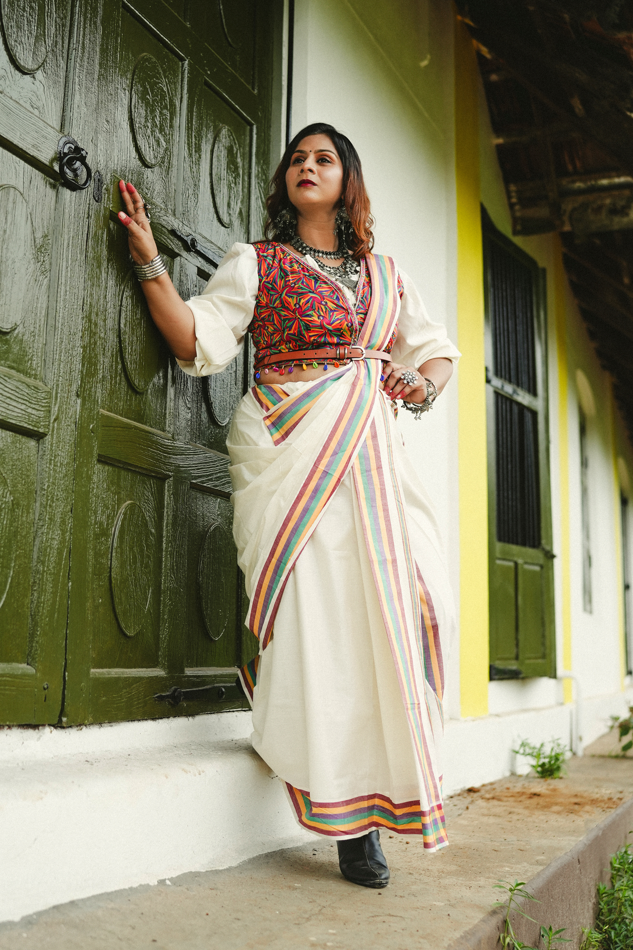Painkili-Traditional mulloth settmund with printed  blouse material