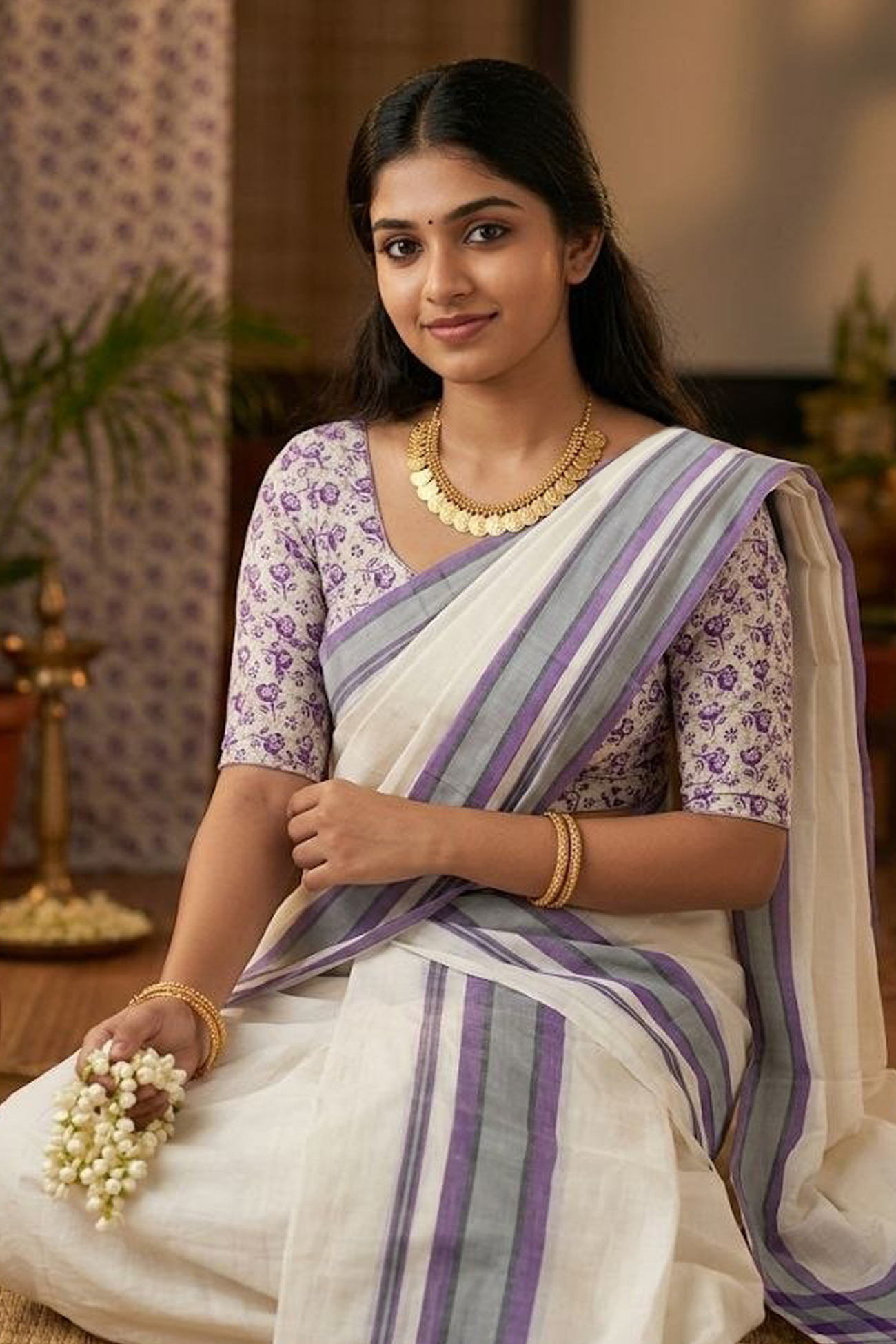 Apsara-Premium Pure Cotton Printed Set-Mundu with Blouse Piece