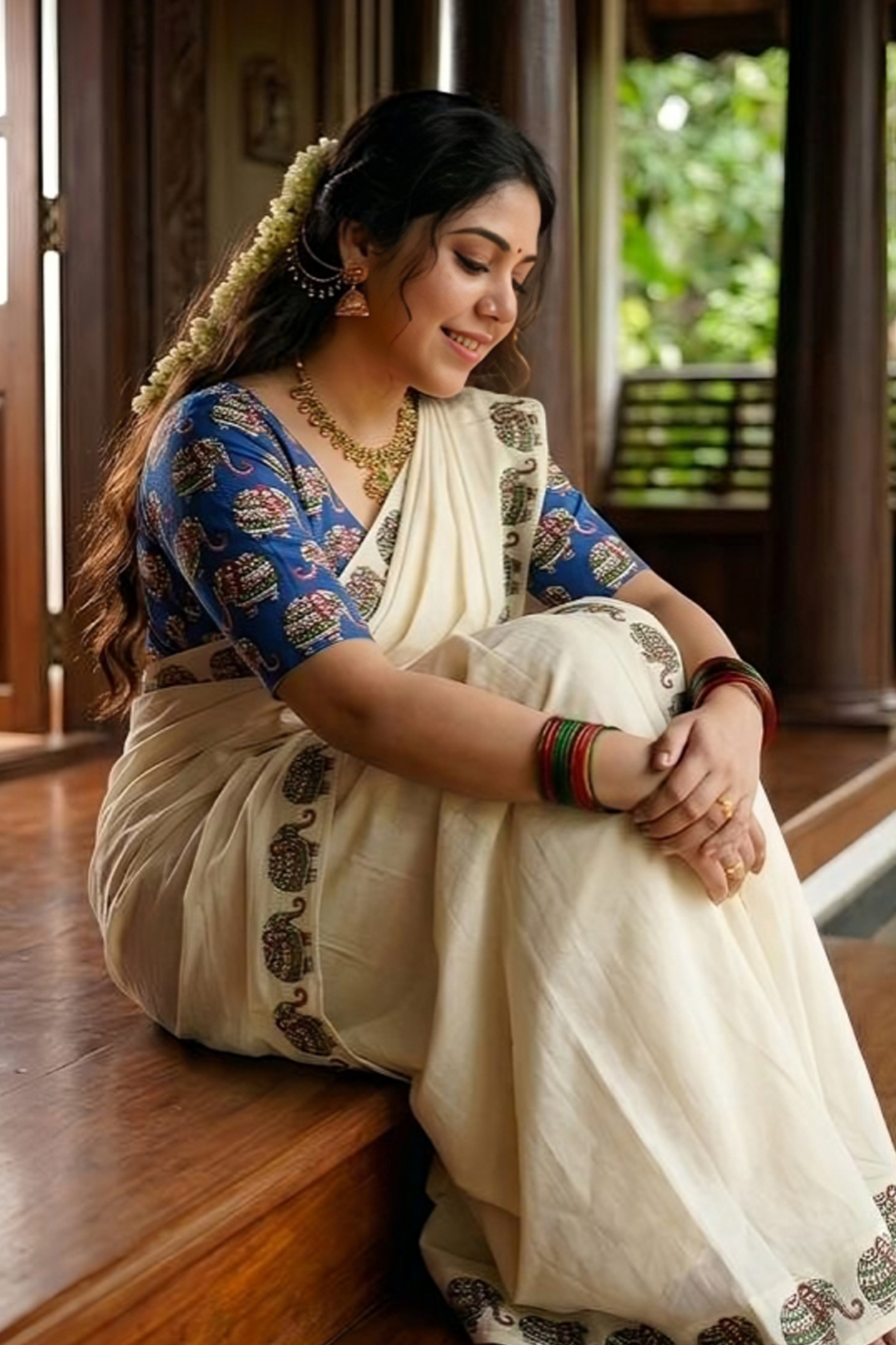 Gajashobha - BLUE Pure Cotton Printed Sett Mundu with Matching Blouse