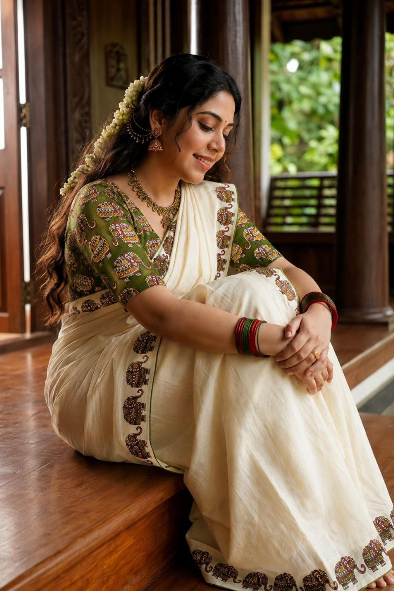 Gajashobha -green Pure Cotton Printed Sett Mundu with Matching Blouse