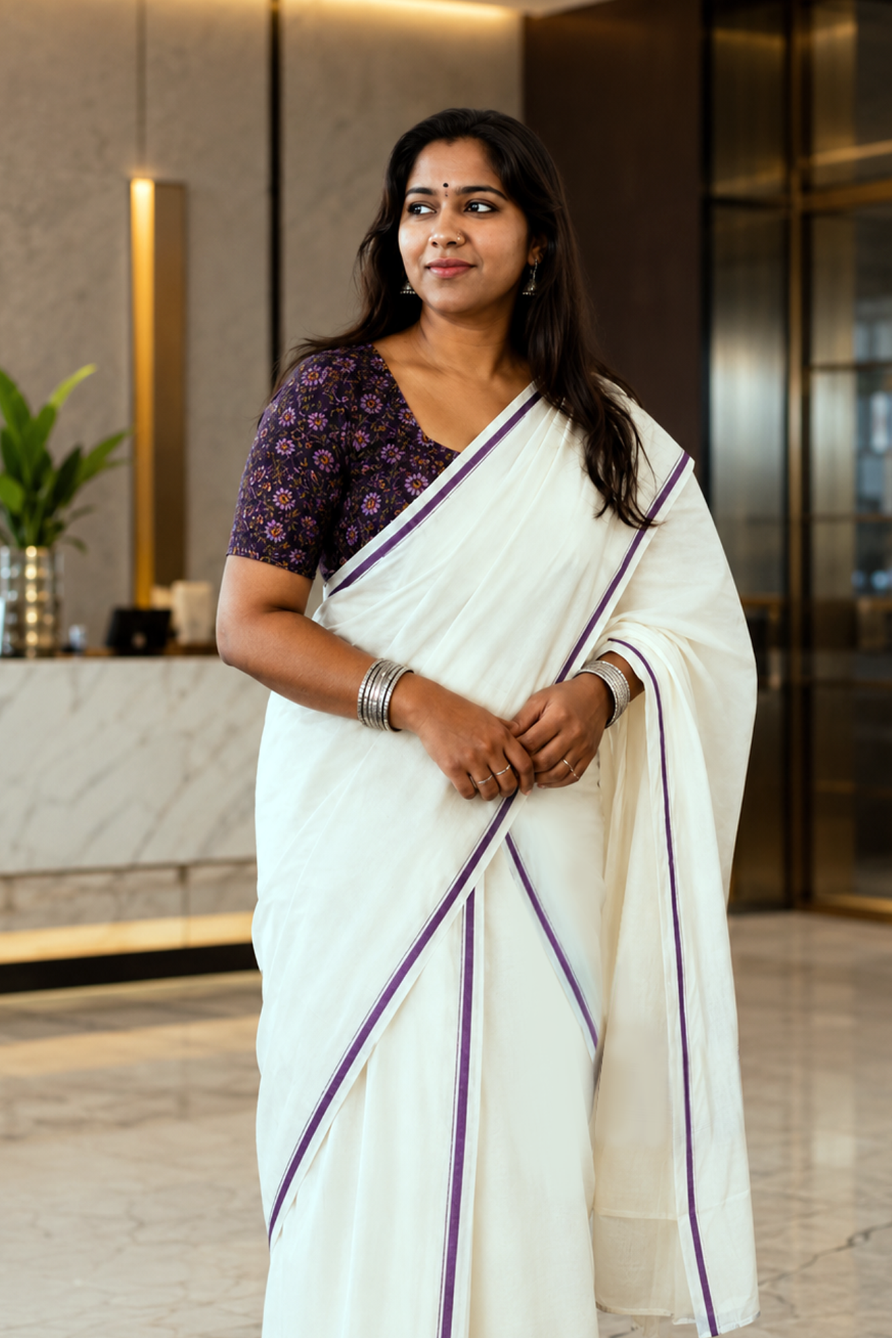 Vasudha - premium quality settmund with printed blouse material