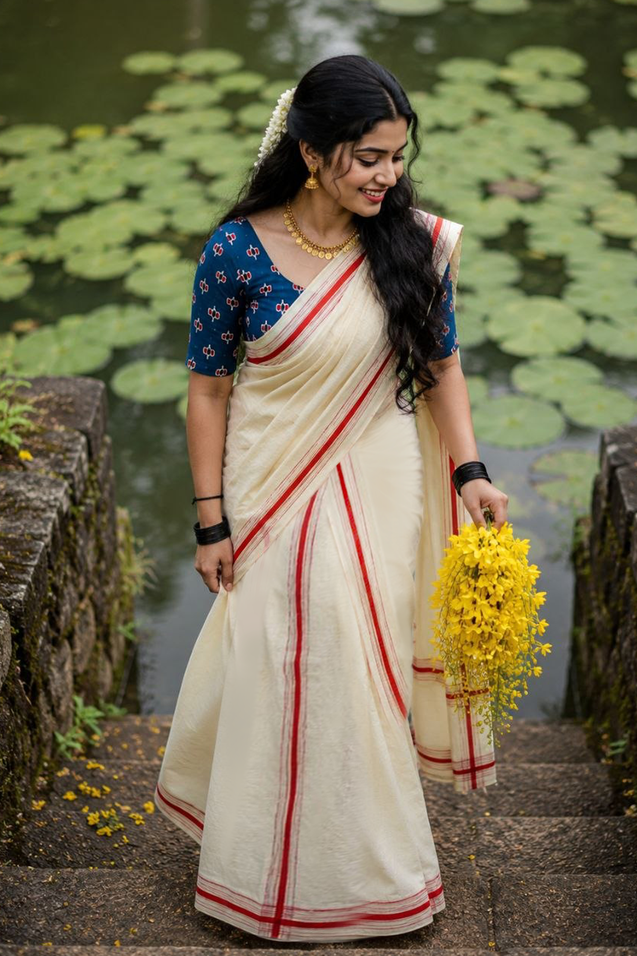 Neelathamara- Premium sett mundu with printed blouse material