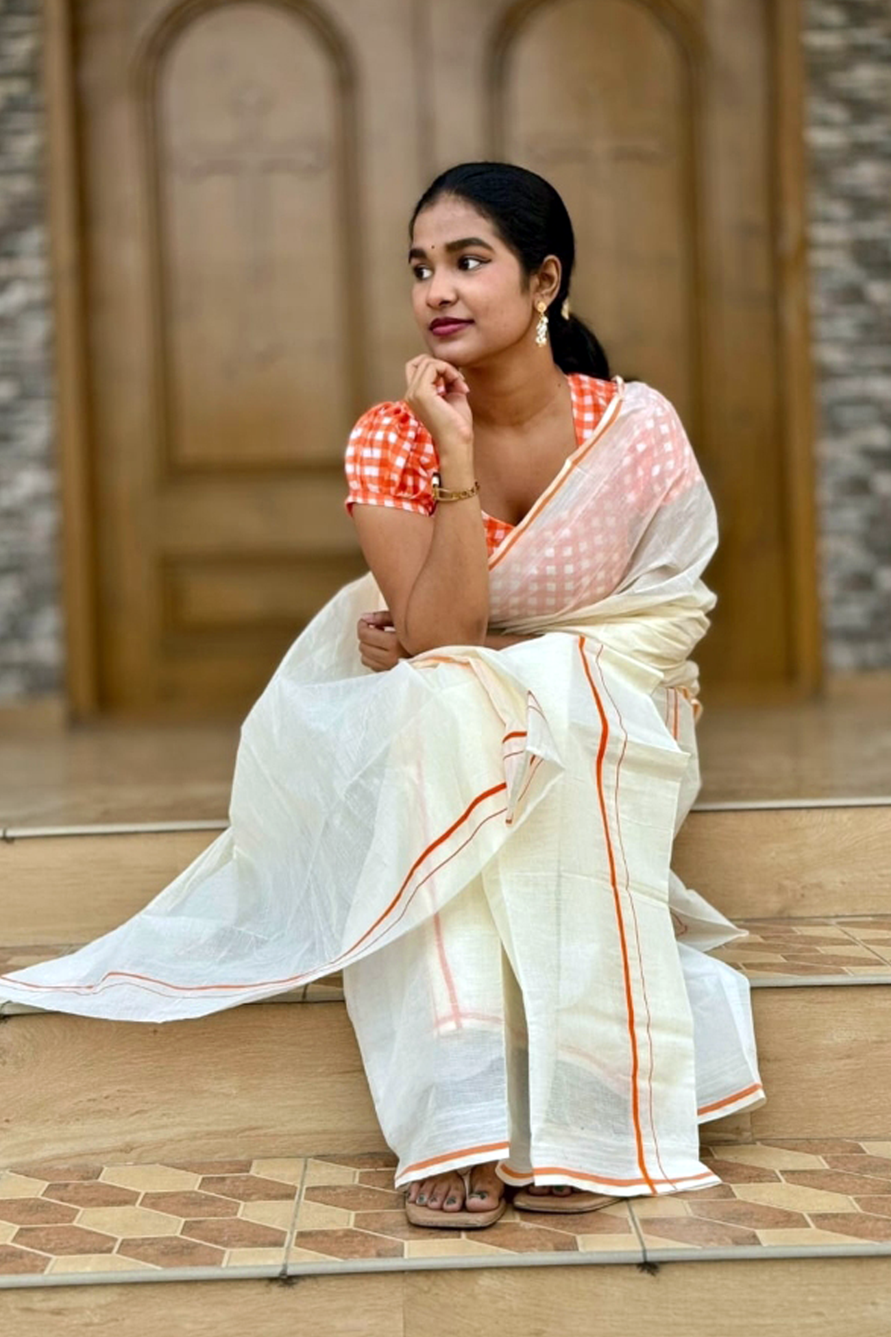 Tapasya -Orange puliyilakkara -premium cotton settmund with check blouse