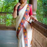 Radha Madhavam Mural Screen Printed Settumundu with Matching Blouse Material