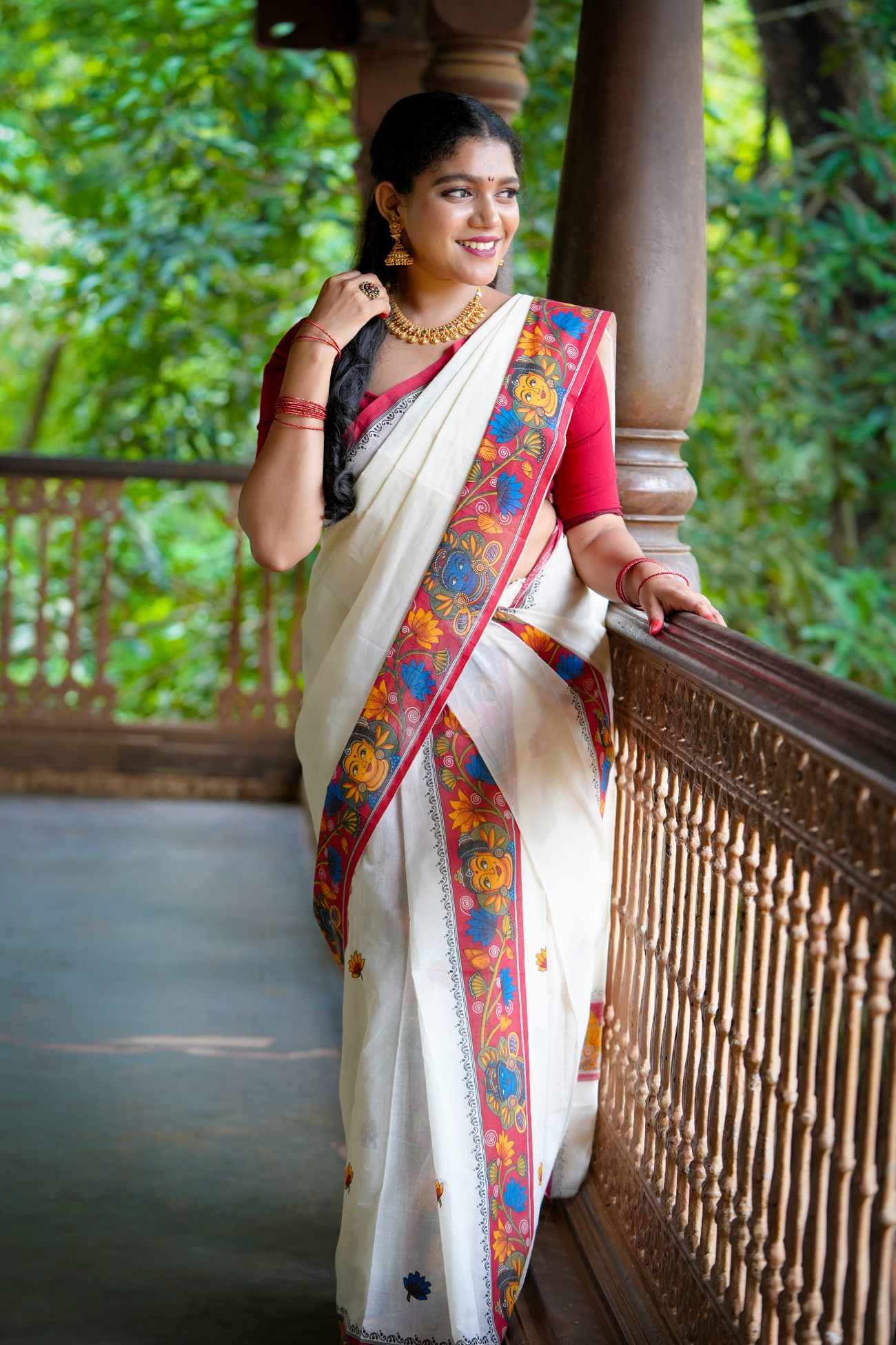 Radha Madhavam Mural Screen Printed Settumundu with Matching Blouse Material