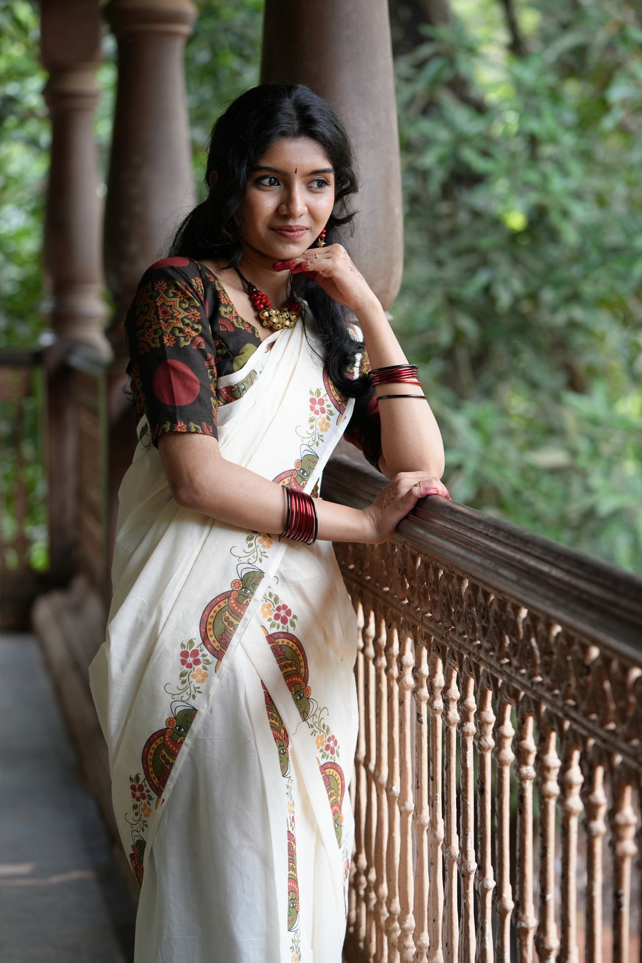 Kathakali Black Printed Settumundu with Matching Blouse Material