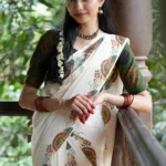 Kathakali Green Printed Settumundu with Matching Blouse Material