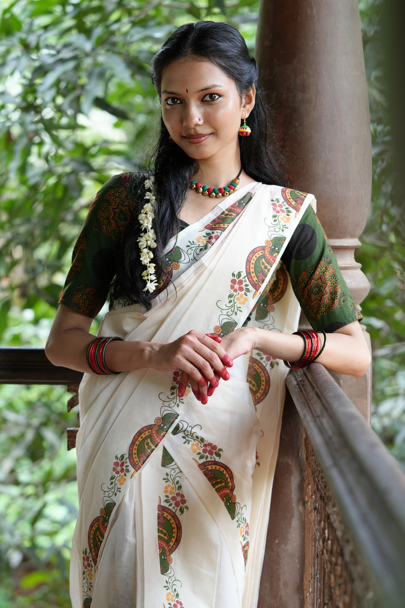 Kathakali Green Printed Settumundu with Matching Blouse Material
