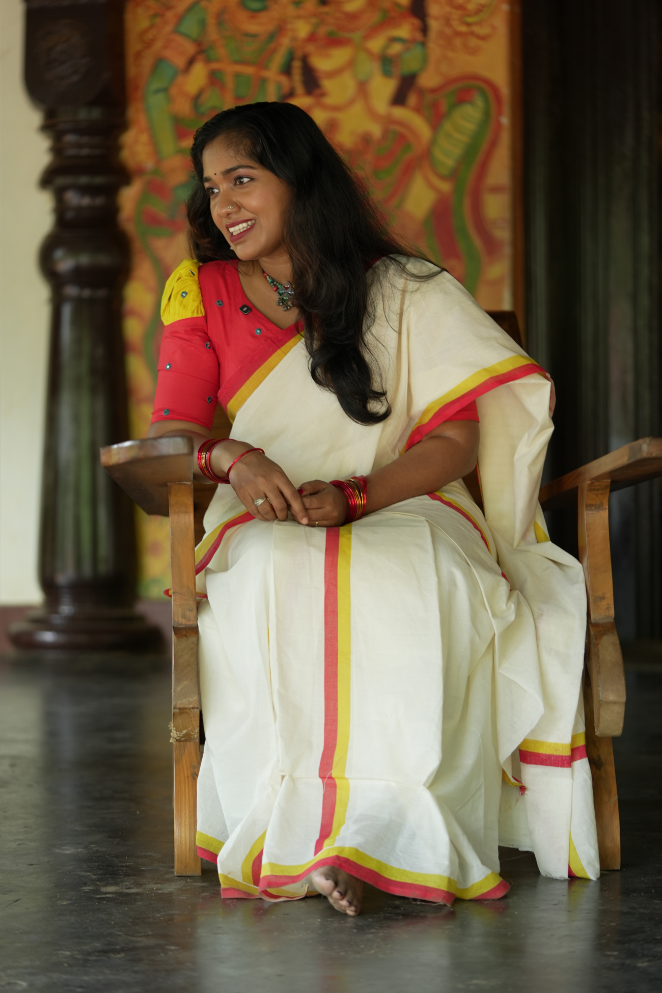 Surya Praba - Red & Yellow Settumundu with Matching Blouse Material