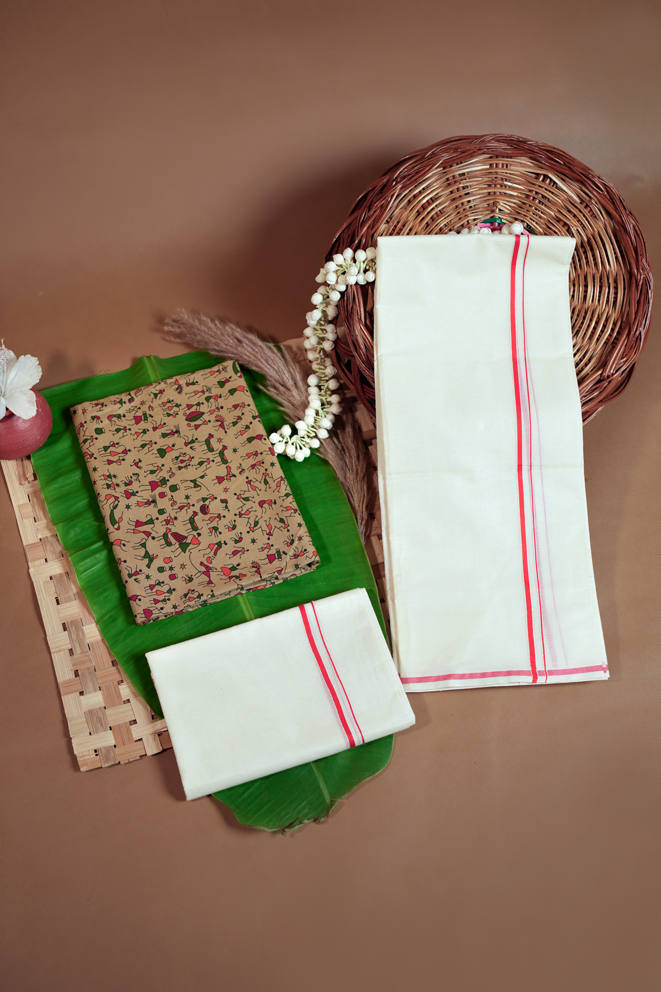 Aadhi Chithra Kattikkara Settumund with warli Printed Blouse Material