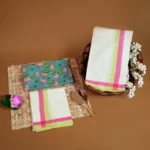 Kamala - Pure Cotton Mulloth Settumund with Matching Printed Blouse Material