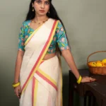 Kamala - Pure Cotton Mulloth Settumund with Matching Printed Blouse Material