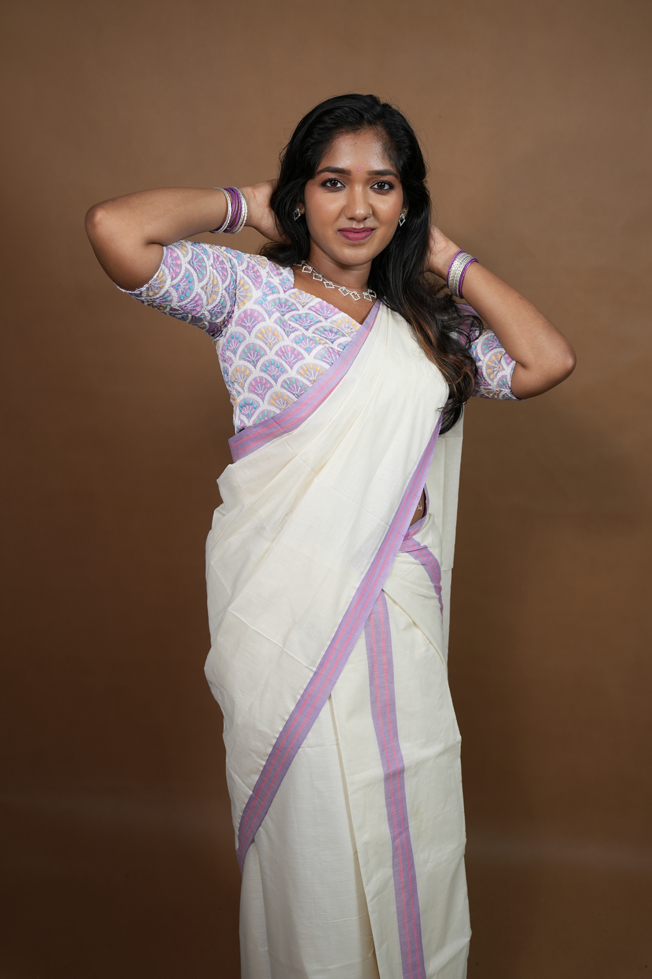Chikankari Lavender - Chikankari Inspired Thread Embroidery Blouse Material with Mulloth Settumund