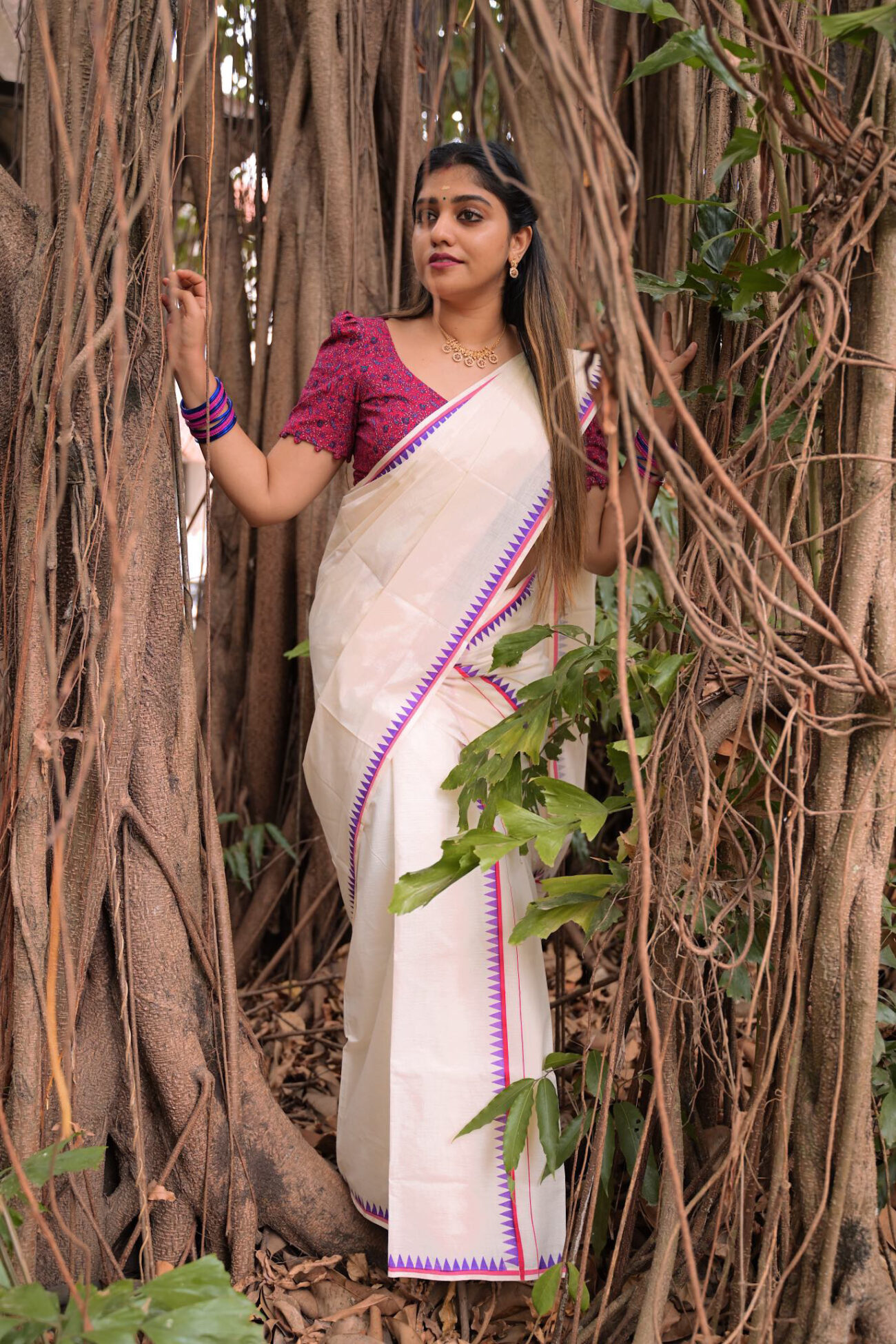 Ahalya -Temple Printed Settmundu with Printed Blouse Material