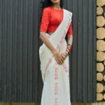 Malayalam Printed Red Pure Cotton Settumundu with Matching Blouse Material