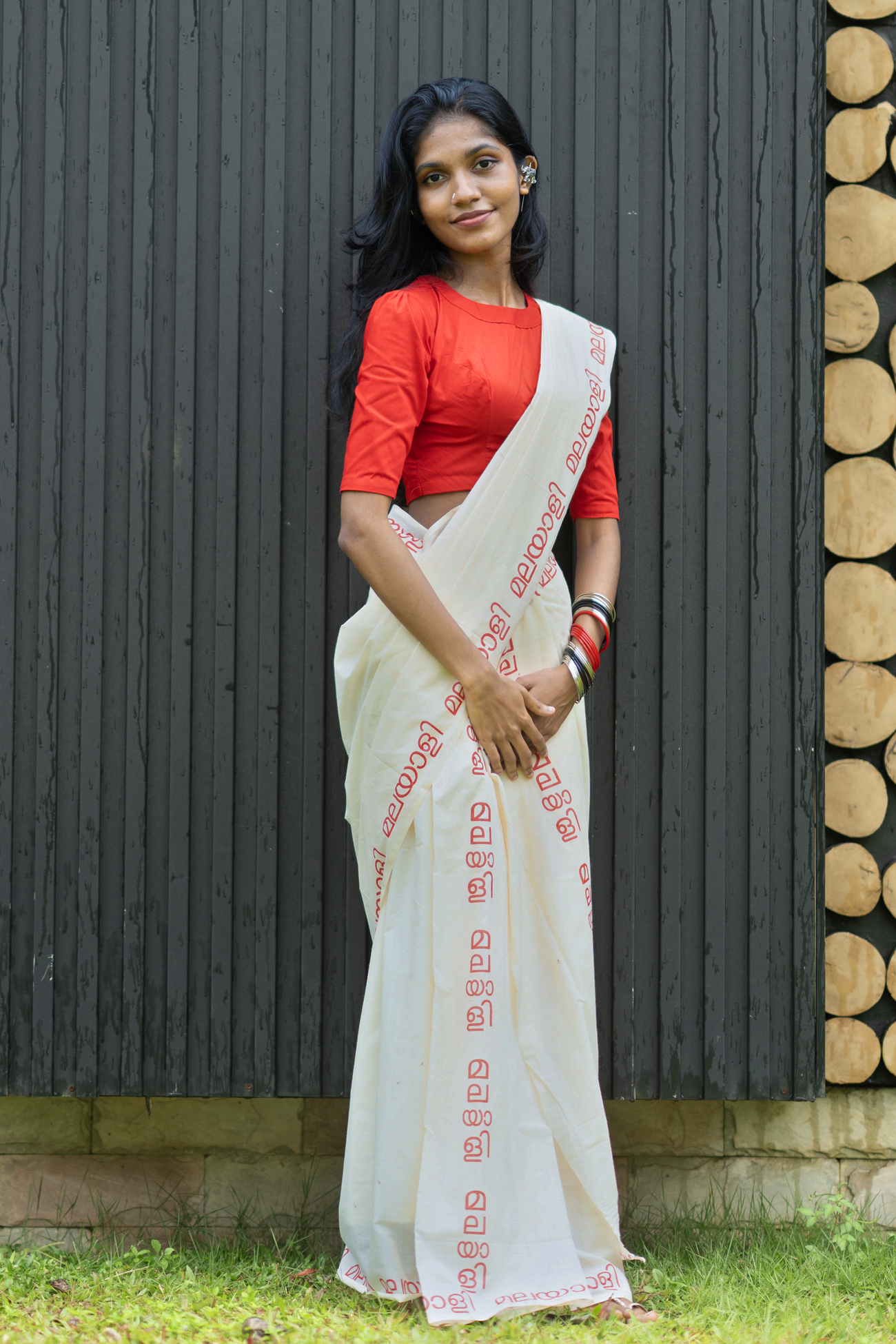 Malayalam Printed Red Pure Cotton Settumundu with Matching Blouse Material