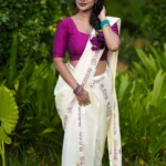 Malayalam Printed Purple Pure Cotton Settumundu with Matching Blouse Material