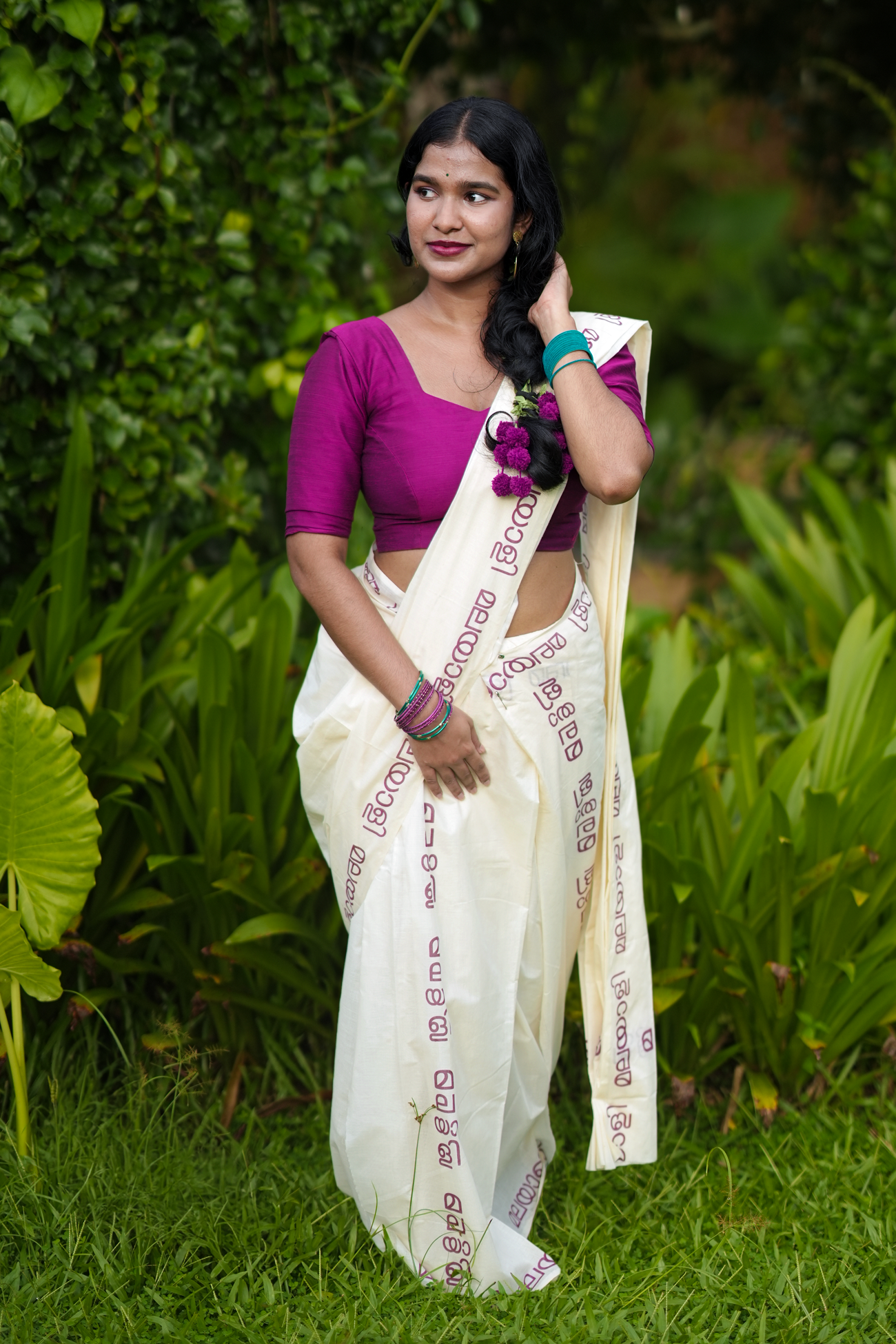 Malayalam Printed Purple Pure Cotton Settumundu with Matching Blouse Material