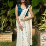 Malayalam Printed Blue Pure Cotton Settumundu with Matching Blouse Material