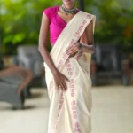 Malayalam Printed Pink Pure Cotton Settumundu with Matching Blouse Material
