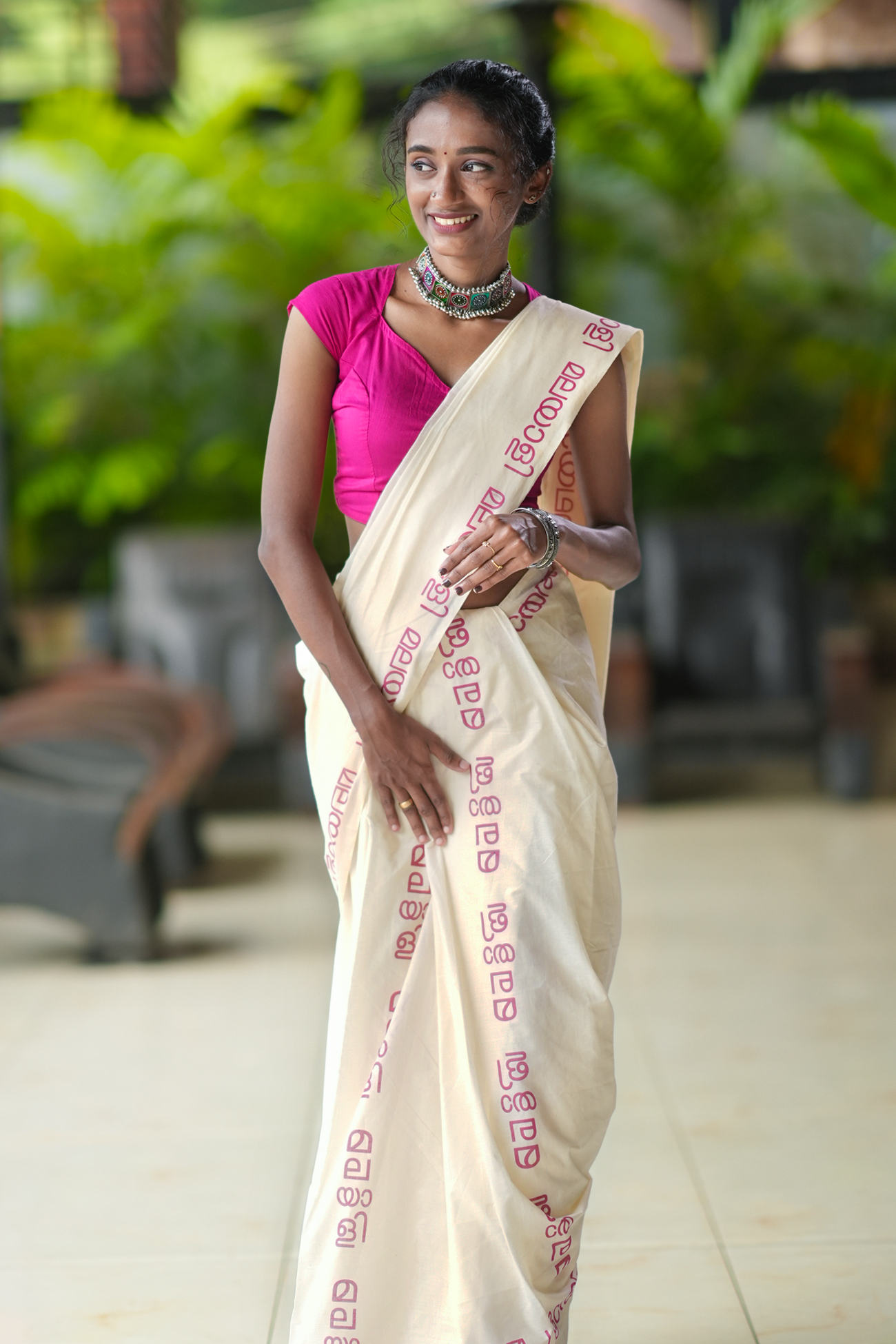 Malayalam Printed Pink Pure Cotton Settumundu with Matching Blouse Material
