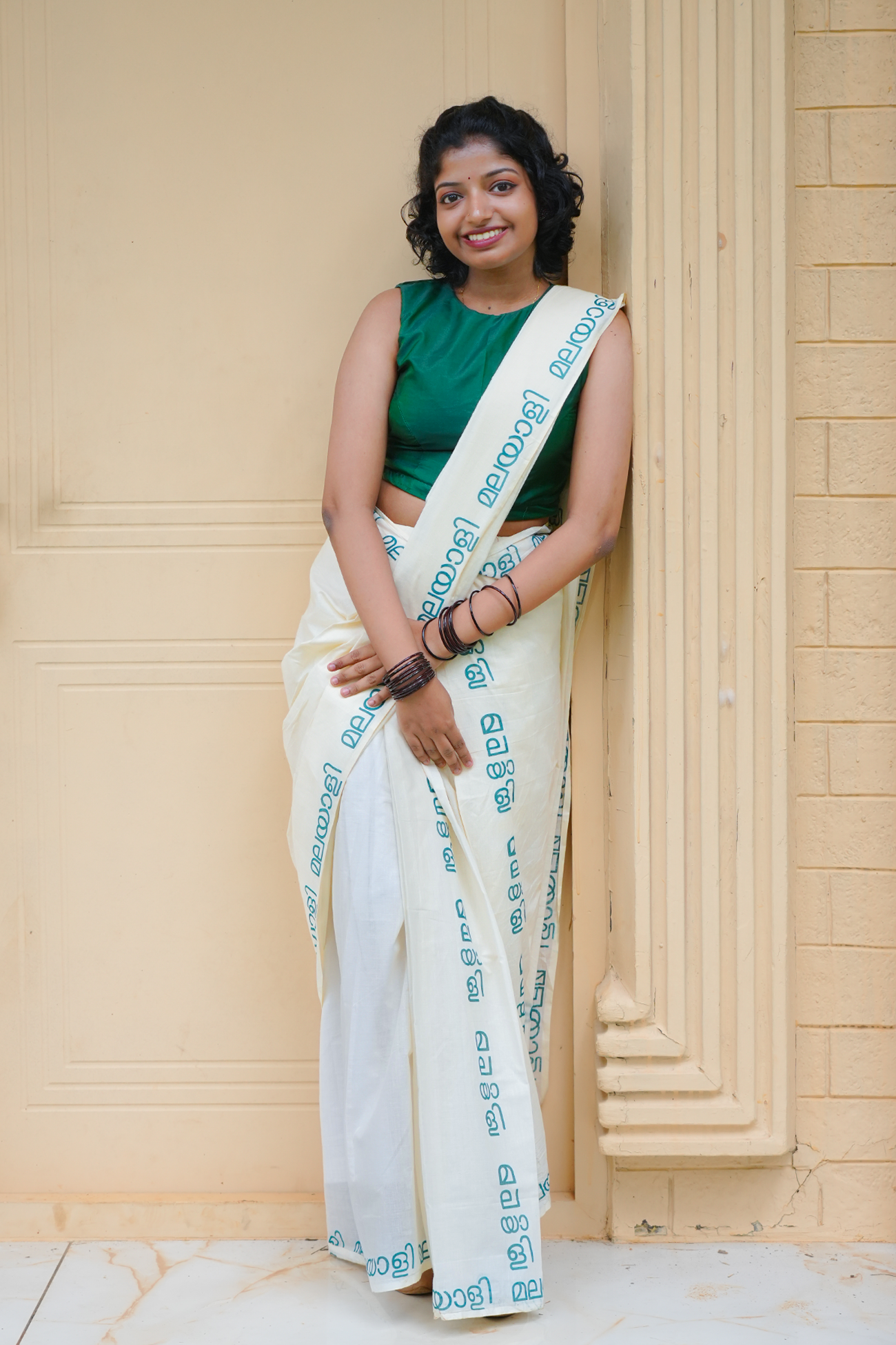 Malayalam Printed Green Pure Cotton Settumundu with Matching Blouse Material