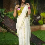 Malayalam Printed Off Green Pure Cotton Settumundu with Matching Blouse Material