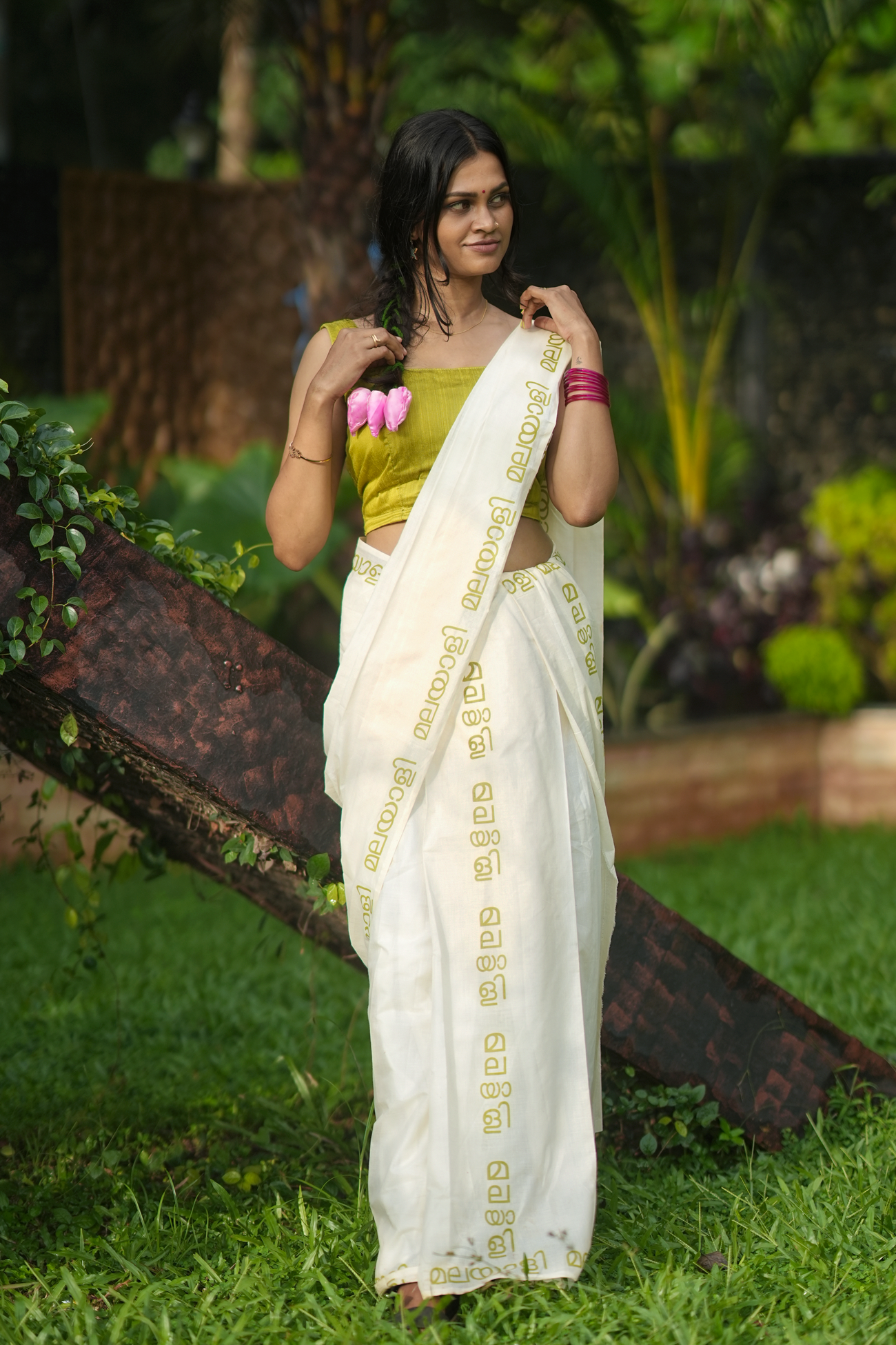 Malayalam Printed Off Green Pure Cotton Settumundu with Matching Blouse Material