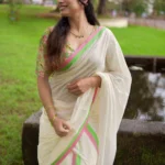 Pankajam Pink and Green Border Pure Cotton Settumundu with Printed Blouse Material