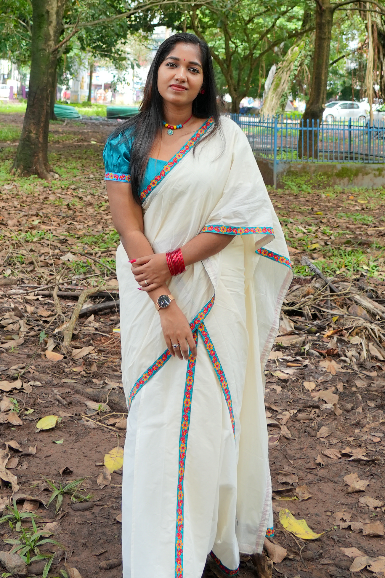 Kokila Settumundu with Multicolor Border- Without Blouse Material